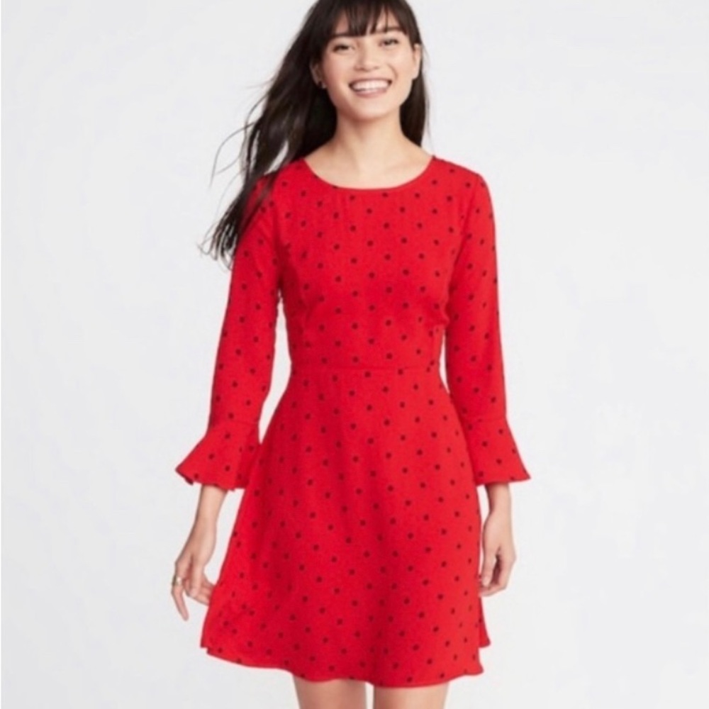 OLD NAVY : Bell  Sleeve  Midi red polka dot dress |Size Medium